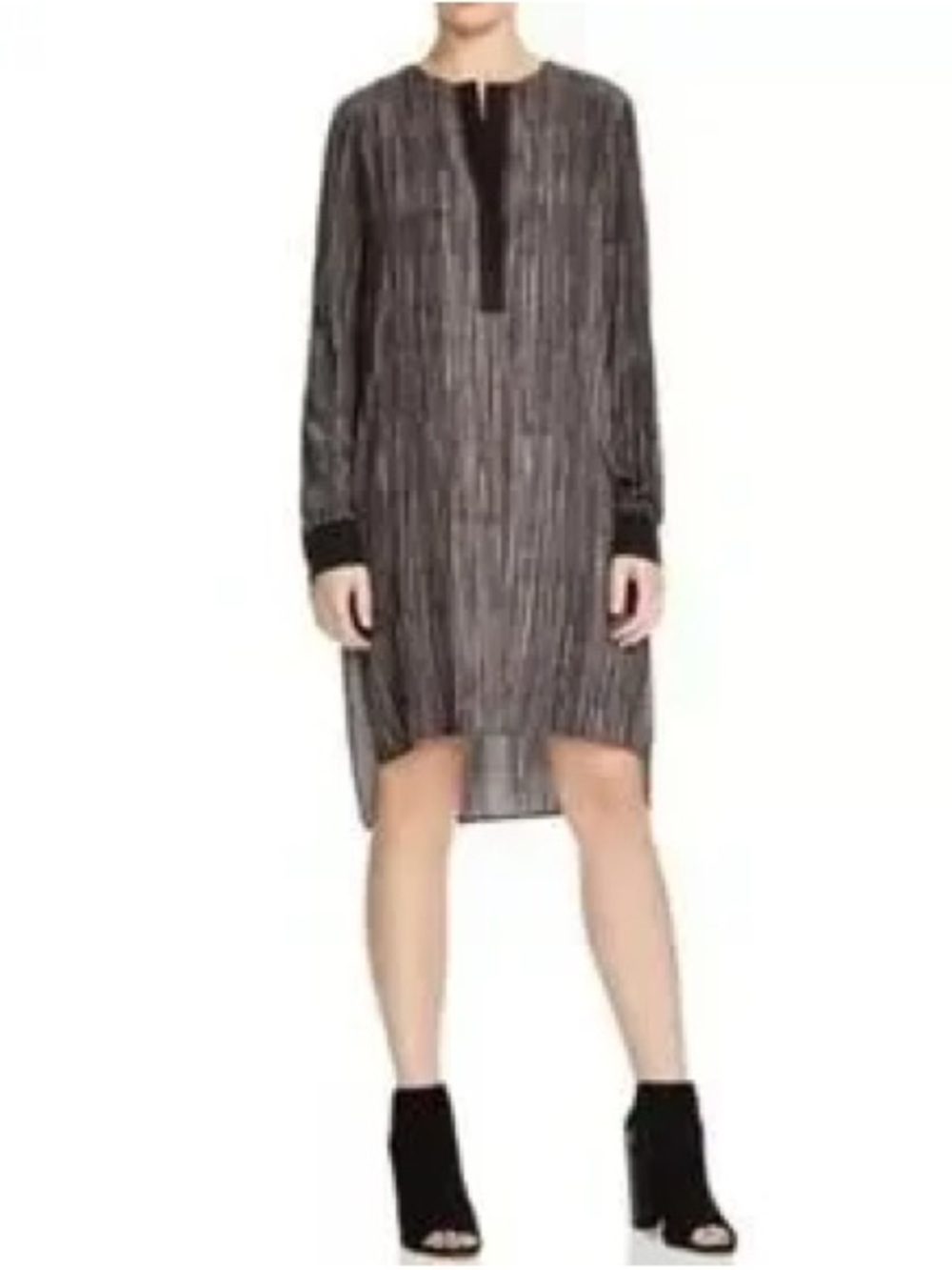 Women’s Vince Black Wavy Silk Button Front Long Sleeve Tunic Style Dress Size M